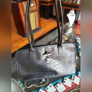 Longchamp Roseau Croc Embossed Black Leather Shoulder Bag Medium Satchel